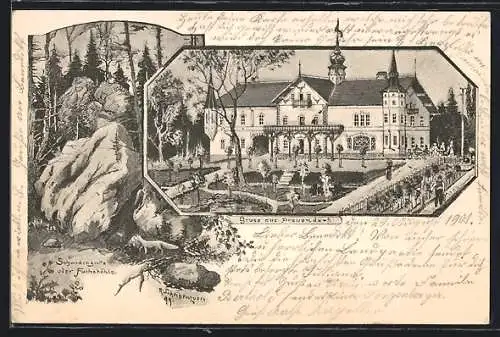 Künstler-AK sign. Scheibenzuber: Frauendorf, Das Schloss mit Garten, Schwedengrotte