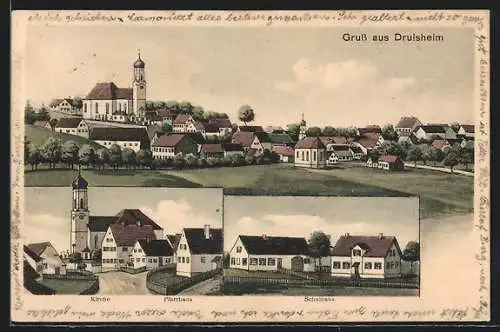 Künstler-AK sign. Hans Pernat: Druisheim, Gesamtansicht, Kirche und Pfarrhaus, Schulhaus