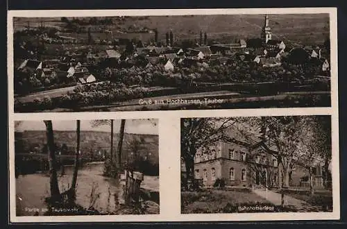 AK Hochhausen /Tauber, Teilansicht, Bahnhofsanlage, Partie am Tauberwehr