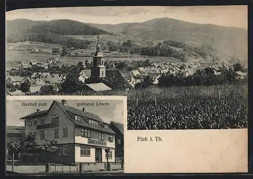 AK Floh i. Th., Gasthof zum goldenen Löwen, Teilansicht mit Kirche
