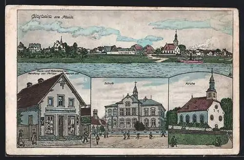 Künstler-AK Ginsheim, Kurz- u. Kolonialwarenhandlung v. P. Rauch, Schule, Kirche
