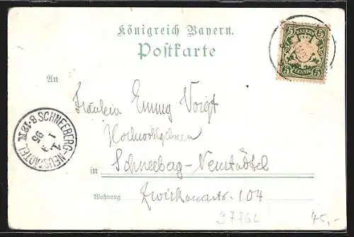 Vorläufer-Lithographie Hammelburg, 1895, Teilansicht, Marktplatz mit Post, Saaleck