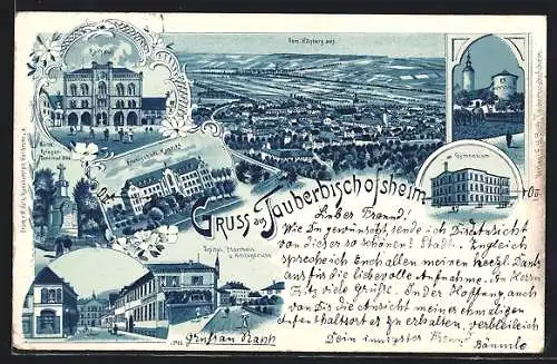 Lithographie Tauberbischofsheim, Gasthaus Badischer Hof, Rathaus, Gymnasium, Erzbischöfl. Konvict, etc.