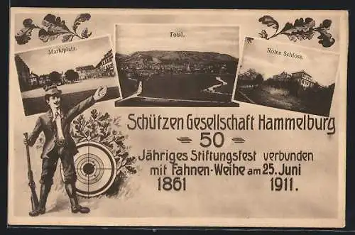 AK Hammelburg, Schützenfest, Stiftungsfest 1911, Marktplatz, Schütze, Totalansicht