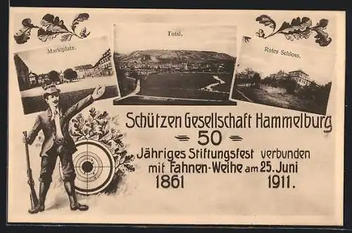 AK Hammelburg, 50jähriges Stiftungsfest der Schützengesellschaft 1861-1911, Marktplatz, Rotes Schloss, Totalansicht