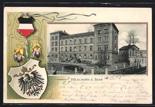 Passepartout-Lithographie Völklingen /Saar, Grosses Gebäude mit Anlagen, Wappen