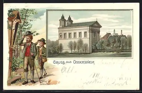 Lithographie Oggersheim, Kirche, Wanderer am Wegekreuz