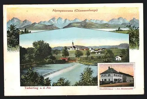 AK Tacherting a. d. Alz, Geschäftshaus v. Jos. Hintermaier, Alpenpanorama Chiemseerberge