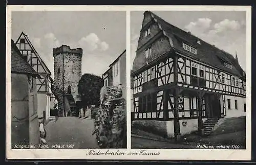 AK Niederbrechen am Taunus, Ringmauer Turm mit Strasse, Rathaus
