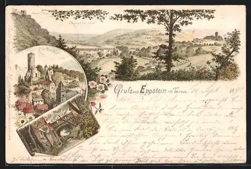 Lithographie Eppstein / Taunus, Burg, Burghof, Kaiser Tempel