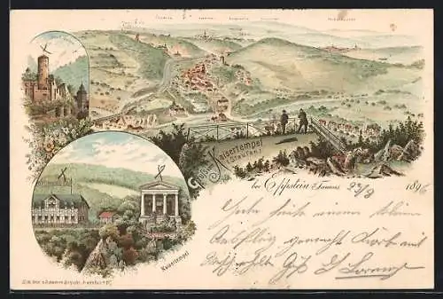 Lithographie Eppstein i. Taunus, Panorama mit Villa Anna, Königshafen Vockenhausen, Burg Eppstein, Kaisertempel