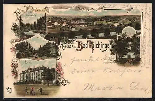 Lithographie Bad Rilchingen, Kurhaus, Victoriaquelle, Brunnen der Augustaquelle