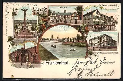 Lithographie Frankenthal / Pfalz, Turnhalle, Rhein-Kanal, Krieger Denkmal mit Rathaus
