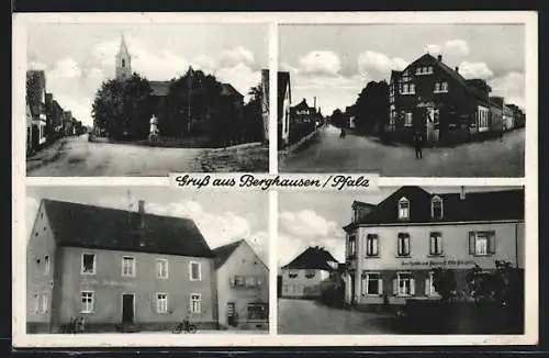 AK Berghausen / Römerberg, Gasthaus zum Bahnhof, Strassenpartie mit Kirche, Gasthaus zum Schwanen