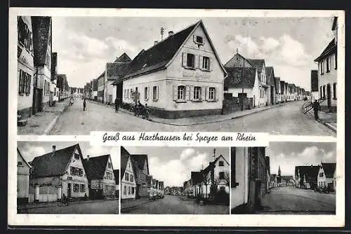 AK Harthausen / Pfalz, Gemeindehaus mit Passanten, Strassenpartie mit Kirche