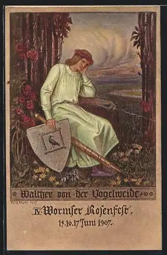 Künstler-AK Worms, Walther von der Vogelweide mit Schwert und Schild, Wormser Rosenfest 1907