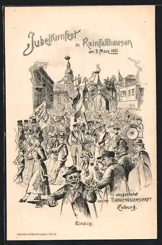 Lithographie Coburg, Scherzkarte Jubelturnfest in Reinfallhausen 1901, Einzug