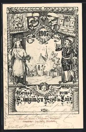 Lithographie Lauf /Pegnitz, Kunigundenfest 1903, Ortspartie mit Kirche
