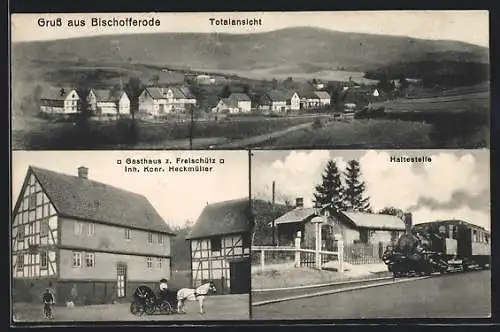 AK Bischofferode, Gasthaus zum Freischütz, Haltestelle, Totalansicht