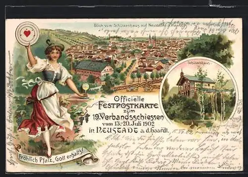 Lithographie Neustadt a. d. Haardt, 19. Verbandsschiessen 1902, Schützenhaus, Ortsansicht