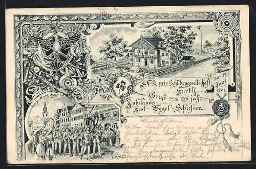 Lithographie Fürth / Bayern, 125 jähriges Jubiläums-Fest-Vogel-Schiessen-K. priv. Schützengesellschaft, Gebäudeansicht