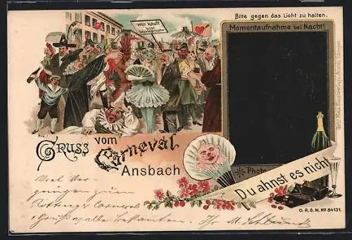 Lithographie Narren feiern Karneval, Paar beim Kuss