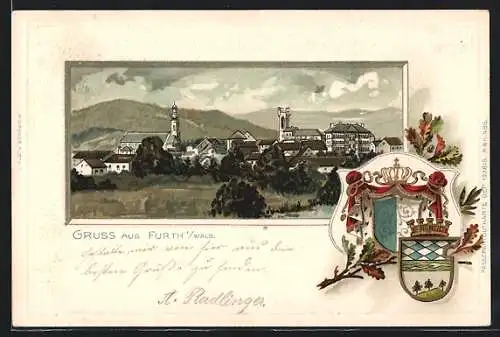 Passepartout-Lithographie Furth i. Wald, Teilansicht mit Kirchen, Wappen