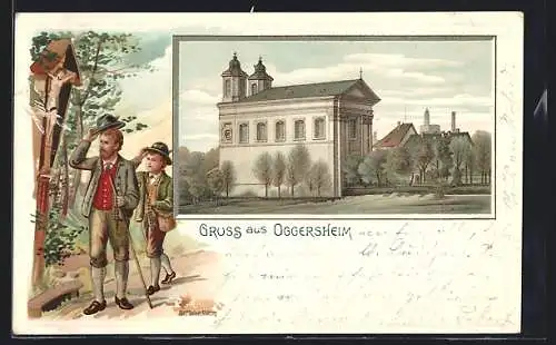Lithographie Oggersheim, Kirche, Wanderer am Wegekreuz