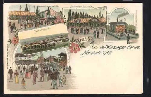 Lithographie Neustadt a. Hdt., Volksfest Winziger Kerwe, Hartmann`sche grosse Halle, Tanzhalle, Ochsenbraterei