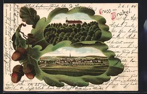 Passepartout-Lithographie Brakel, Teilansicht und Schloss Hinnenburg im Eichenblatt