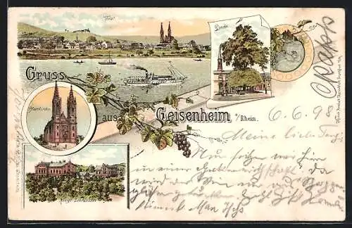 Lithographie Geisenheim /Rh., Totalansicht, Pfarrkirche, Linde und Kgl. Lehranstalt