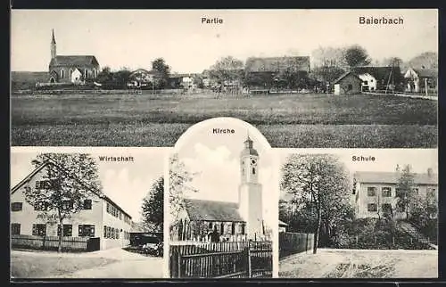 AK Baierbach / Ndb., Gasthaus, Kirche, Schule