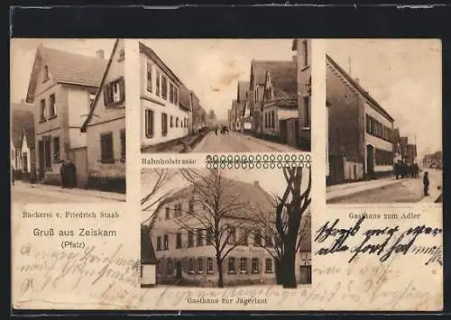 AK Zeiskam /Pfalz, Gasthaus zur Jägerlust, Gasthaus zum Adler, Bäckerei von Friedrich Staab