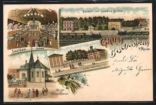 Lithographie Bischofsheim / Hessen, Gasthaus Saalbau Schad mit Bahnhof, Beide Schulen