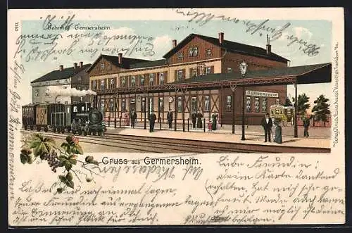 Lithographie Germersheim, Bahnhof mit Zug, Bahnsteig, Reisenden und Kutsche Hotel Samen