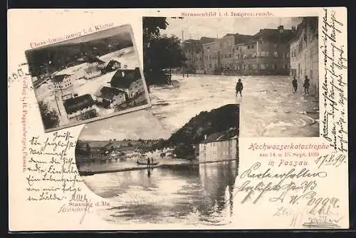 AK Passau, Überschwemmung i. d. Klanse, Hochwasser i. d. Innpromenade