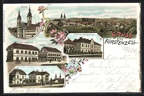Lithographie Fürstenzell, Gasthaus Röhrner und Hubers Kaufhaus, Distrikts-Krankenhaus
