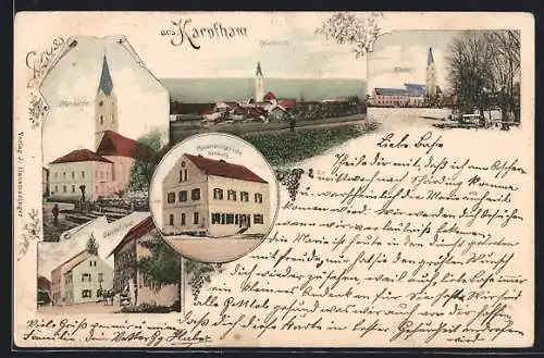 AK Karpfham, Die Pfarrkirche, Gasthof Post, Hausmaninger`sche Handlung, Kloster