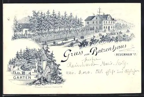 Lithographie Neuenhain / Taunus, Gasthof Batzenhaus mit Garten