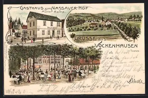 Lithographie Vockenhausen, Gesamtansicht, Gasthaus zum Naussauer Hof, Garten & Saal