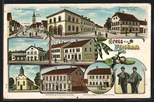 Lithographie Zeiskam, Kaiser-Wilhelmstrasse mit Prot. Kirche, Rathaus, Gasthaus zur Sonne, Bahnhof, Schulhaus