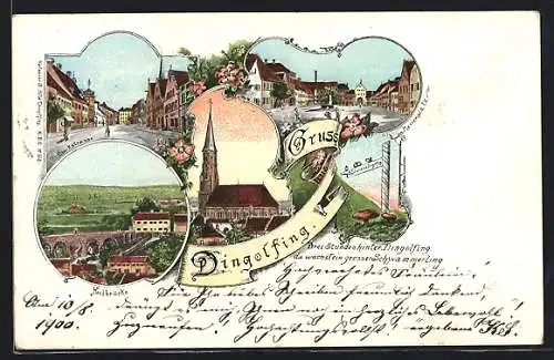 Lithographie Dingolfing, Die Kirche, Marienplatz, Bruckstrasse, Hochbrücke