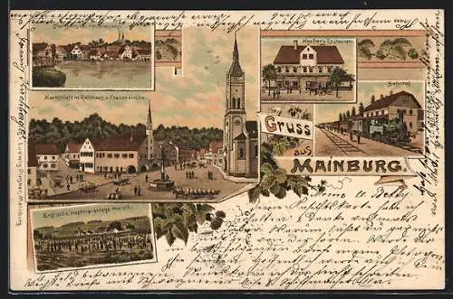 AK Mainburg, Flussansicht bei Hochwasser, Marktplatz mit Rathaus und Frauenkirche, Hoefter`s Restaurant, Bahnhof