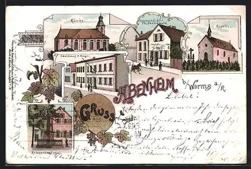 Lithographie Abenheim b. Worms, Kirche, Kapelle, Gasthaus zum Engel, Kriegerdenkmal