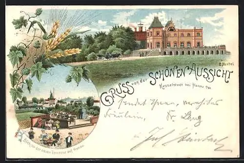 Lithographie Kesselstadt bei Hanau, Gasthaus Kaiser auf der schönen Aussicht, Blick von der Terrasse auf Hanau