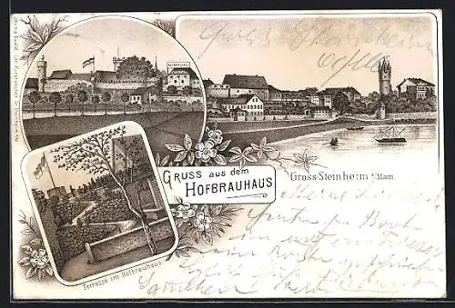 Lithographie Gross-Steinheim a. Main, Ortsansicht am Fluss, Hofbräuhaus mit Terrasse