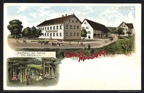 Lithographie Mussbach / Neustadt, Gasthaus zur Sonne Chr. Kern, Schulhaus, Naturidylle