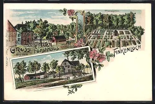 Lithographie Nidda, Der Gasthof Forsthaus Finkenloch, mit Pflanzengarten