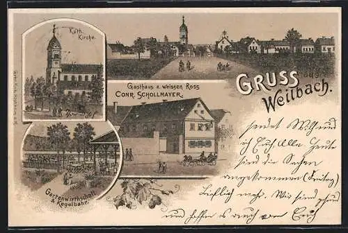 Lithographie Weilbach /Flörsheim, Kath. Kirche, Gasthaus z. weissen Ross, Gartenwirschaft und Kegelbahn