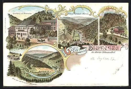 Lithographie Blumenau /Schwarzathal, Gasthaus zur Blumenau, Gasthaus Zirkel